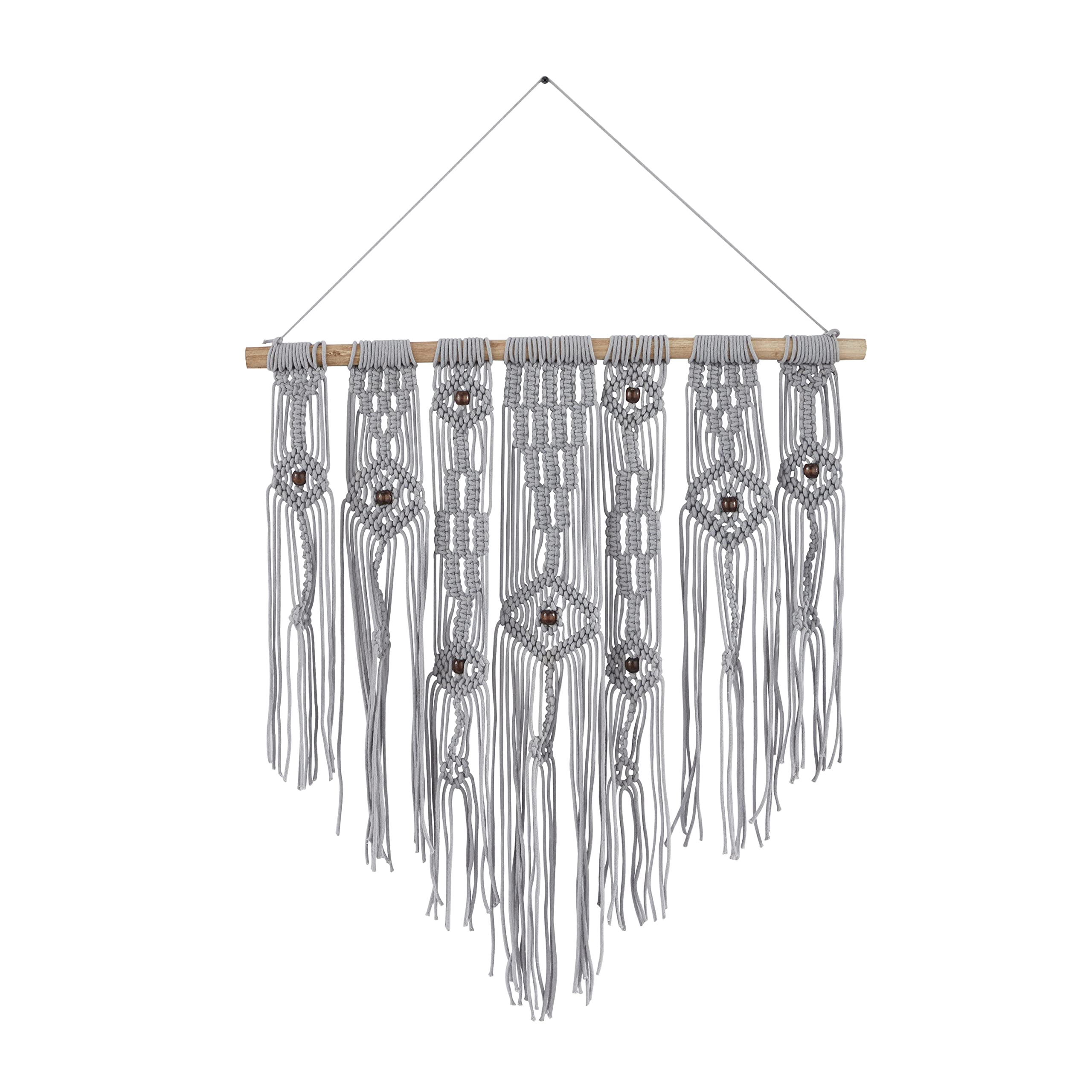 Deco 79 Algodón macramé intrincadamente tejido pared decoración colgante de pared con borlas de flecos de cuentas, 61 x 36 cm, gris