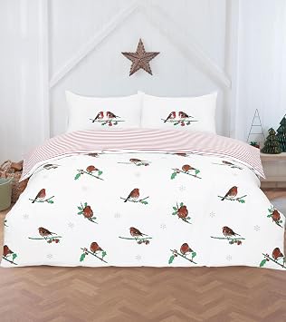 Rapport Home Robin on Holly Christmas Duvet Cover Set Double Size | Reversible Festive with Candy Cane Stripe | Two Matching Pillowcases | Soft Microfibre
