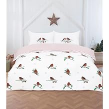 Rapport Home Robin on Holly Christmas Duvet Cover Set Double Size | Reversible Festive with Candy Cane Stripe | Two Matching Pillowcases | Soft Microfibre
