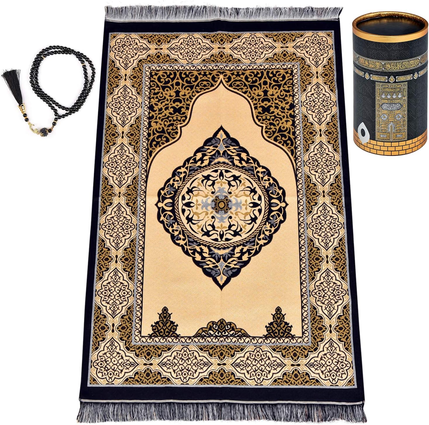 POLAT Muslim Prayer Rug in Kaaba Design Gift Box - Double Sided Prayer Mat Muslim for Men and Women - Perfect Ramadan Gifts - Special Turkish Design Portable Prayer Mat and Prayer Beads 99 (KaabaBox)