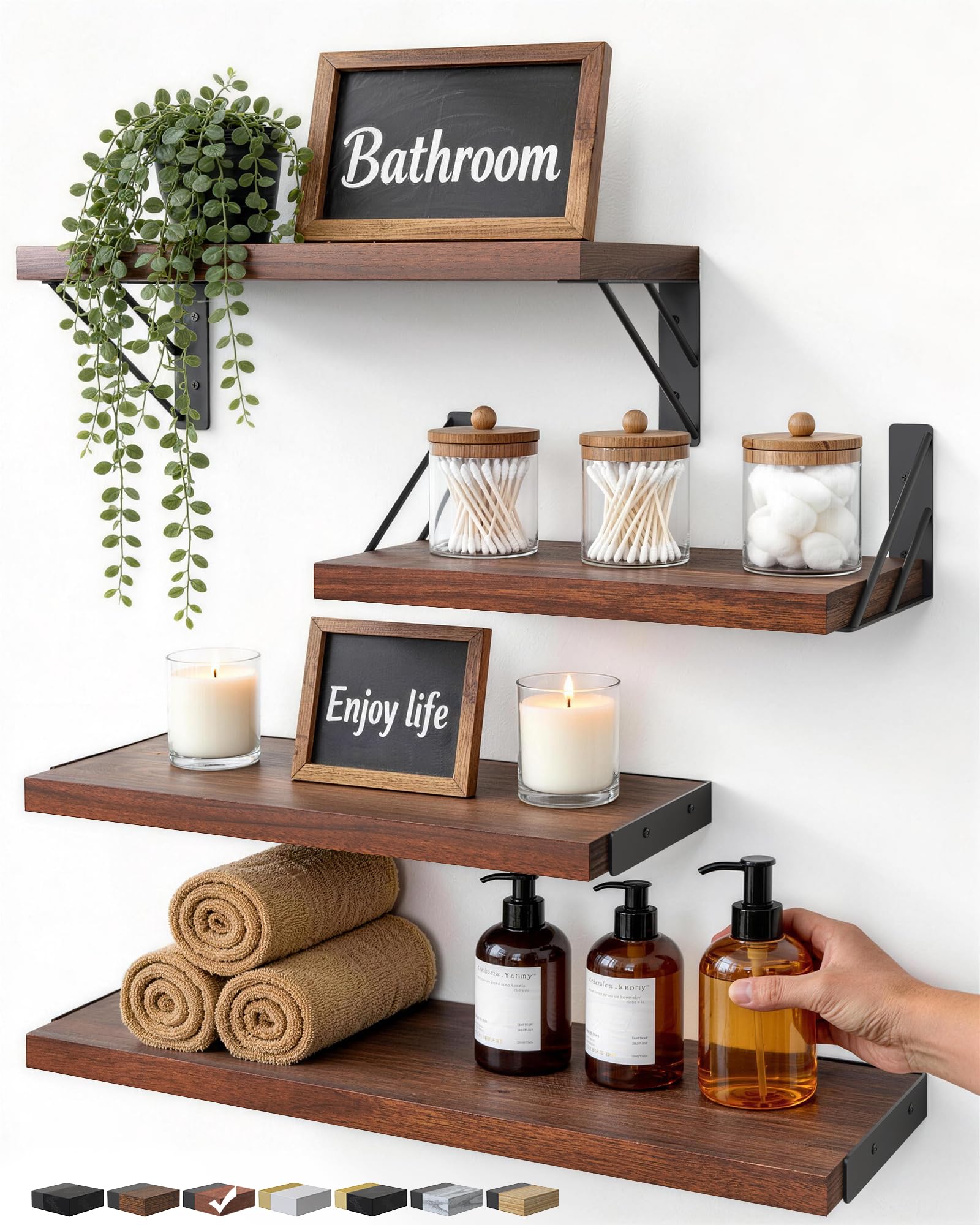 BAYKA Wall Mounted Floating Shelves (Walnut-Like, Set of 4, 16" Mixed)