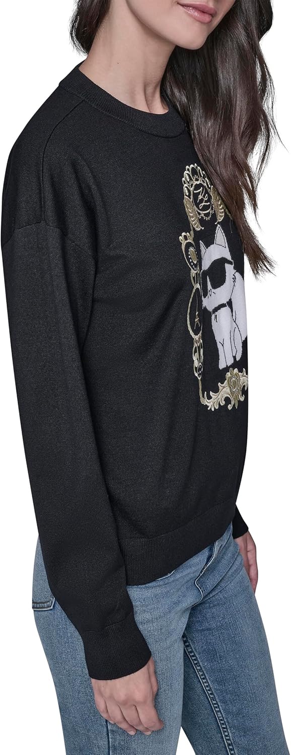 KARL LAGERFELD womens Long Sleeve Crew Neck Choupette Baroque Sweater - Image 3