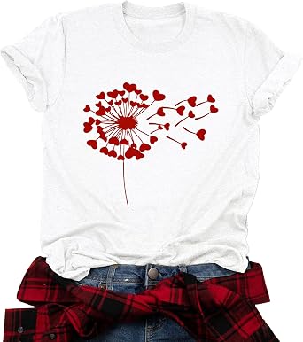 LHBNK Valentines Shirts for Womens Dandelion Tops Funny Love Heart Printed Tees Casual Valentine Gifts Clothes