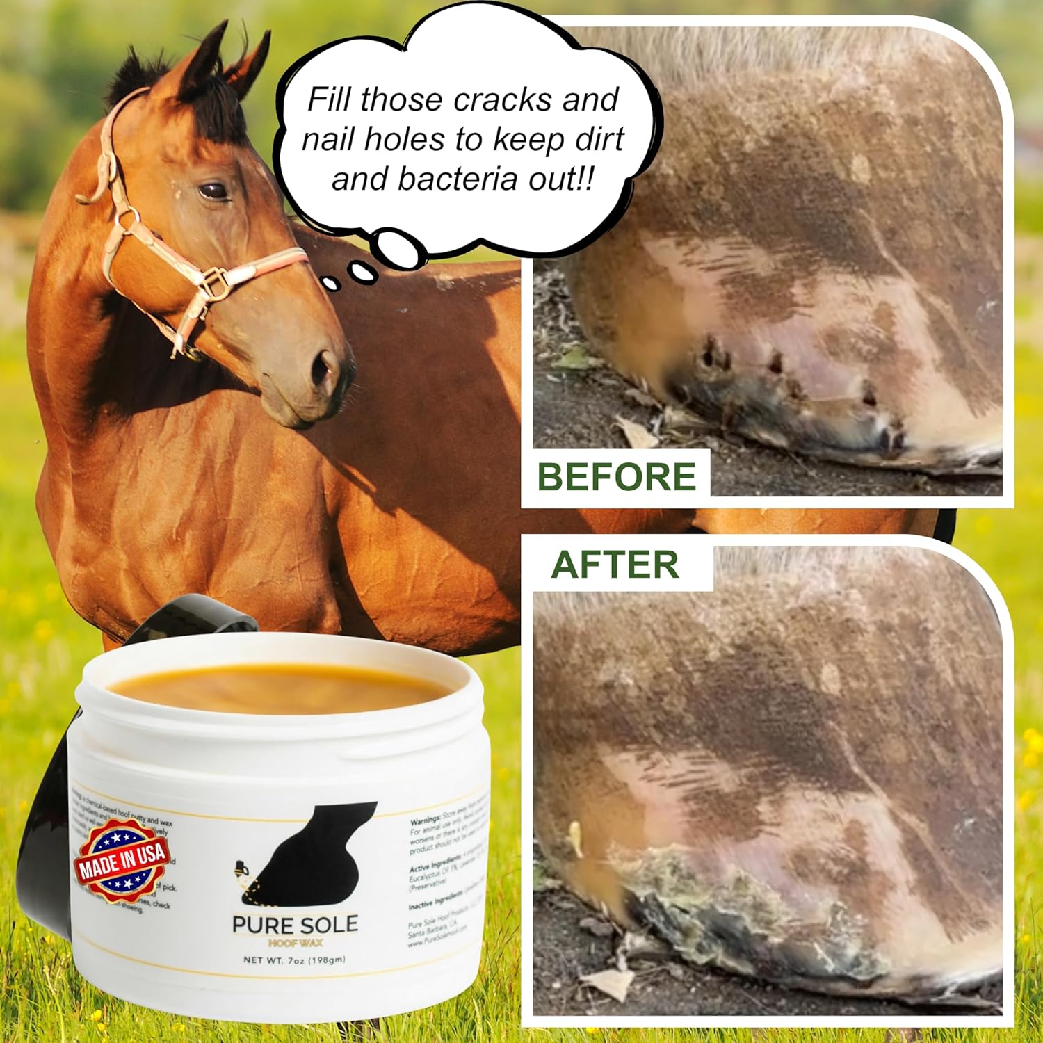 Pure Sole Hoof Wax | Hoof Crack Filler - Hoof Putty Wax that Helps Heal and Protect Your Horse's Hooves - Perfect for Horse Hoof Wall Separation, Cracks, Crevices and White Line, 7 oz.
