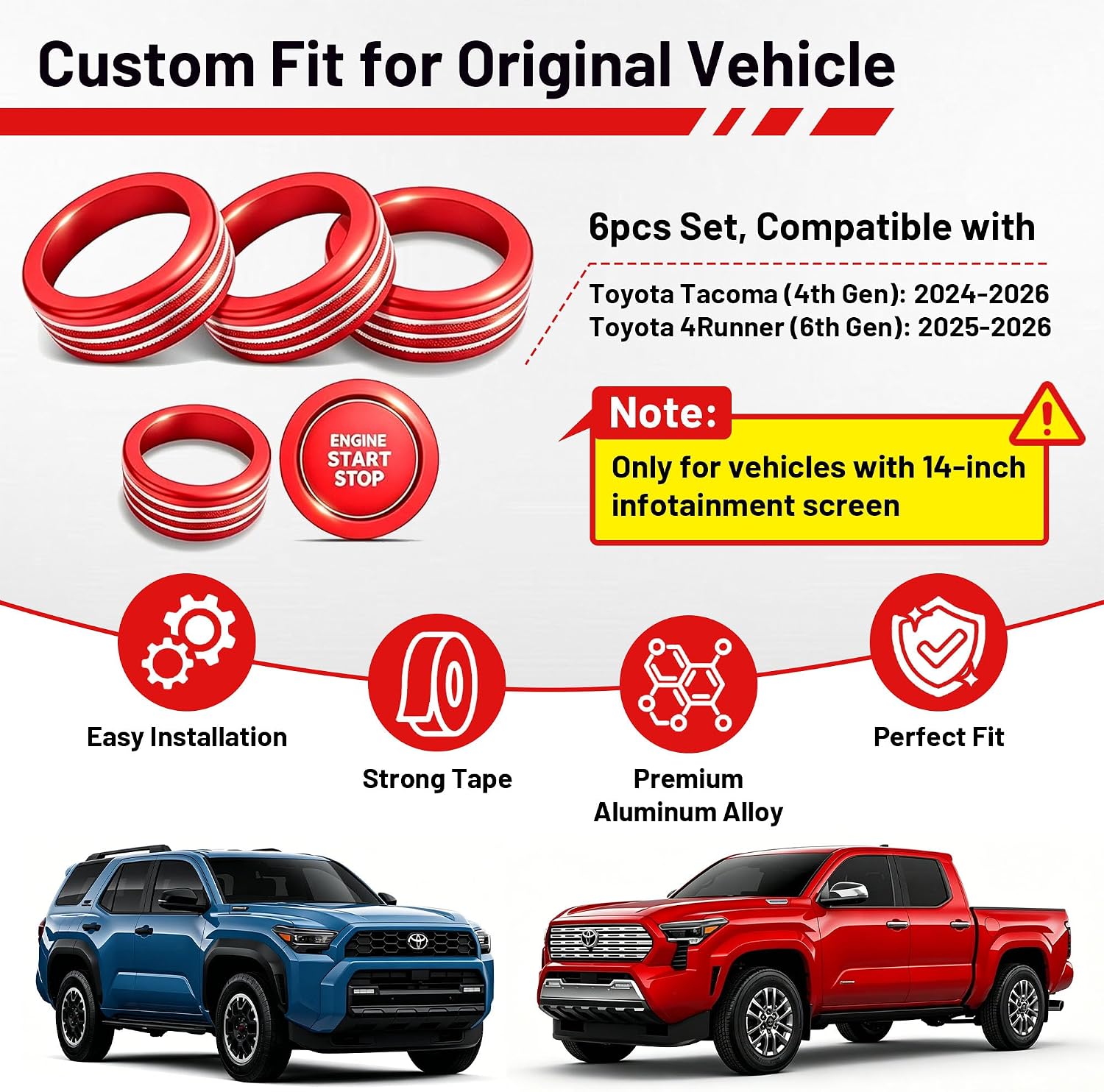 Interior Accessories for Toyota Tacoma 2024 2025 2026 & 4Runner 2025 2026-6 Pieces Aluminum Alloy Ring Knob Cover Trim for 14 Inch Screen, Fits Push Start, AC, 4WD Gear Switch, & Volume, Red