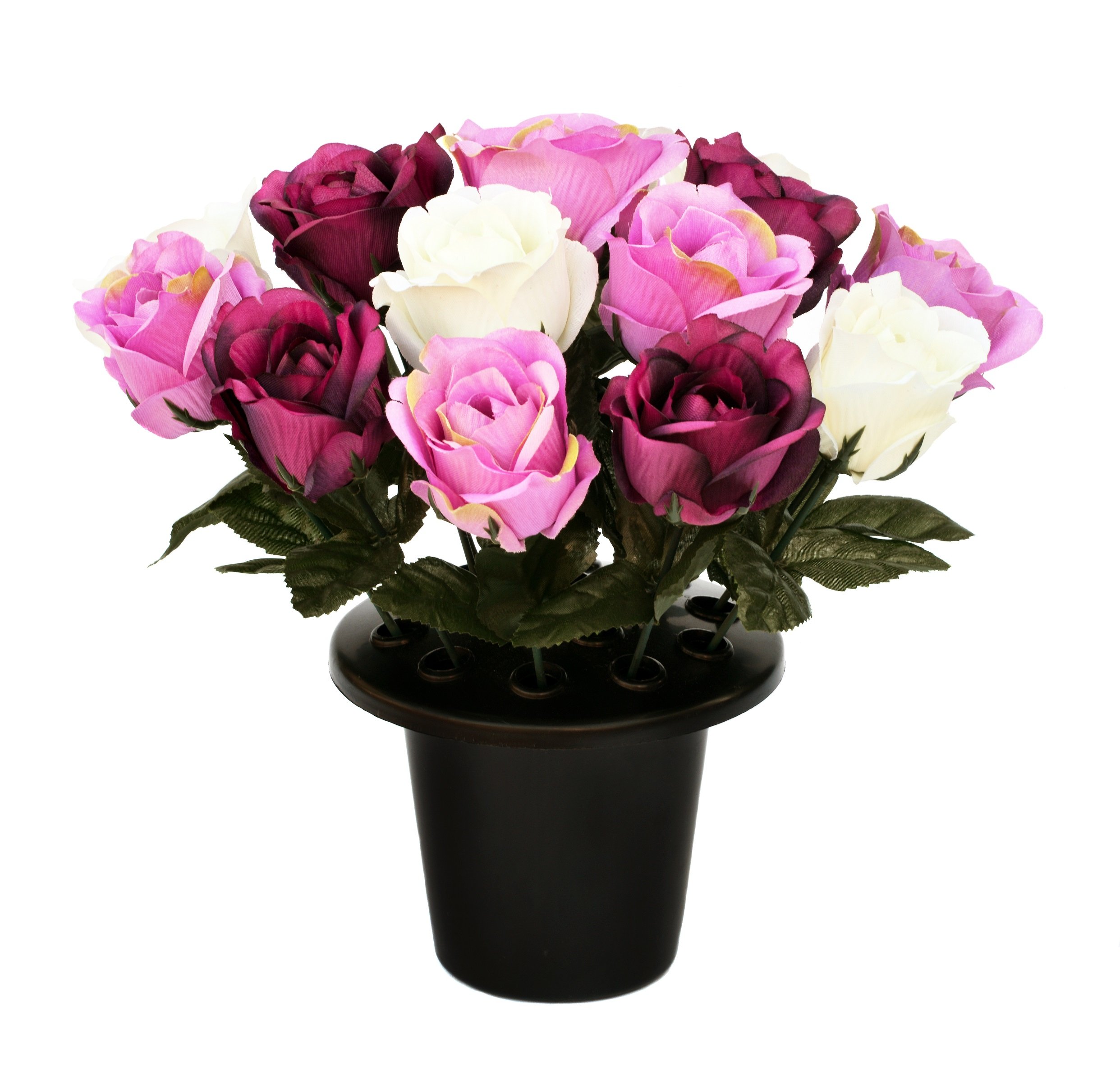 Sincere Floral SF ARTIFICIAL PURPLE & CREAM OPEN ROSE GRAVE POT WITH FLOWERS - VASE INSERT MEMORIAL 1415