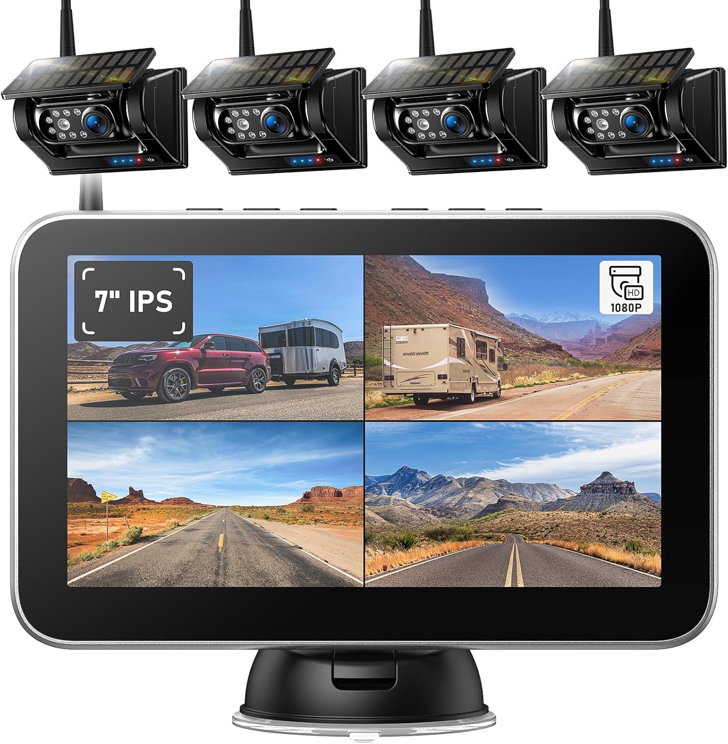 4 Magnetic Solar Wireless Backup Camera HD1080P 7″ DVR Monitor, 3Mins No-Wire Installation, 9600mAh Solar Rechargeable Rearview RV Backup Cameras Wireless for Trailer RV Trucks, BL704