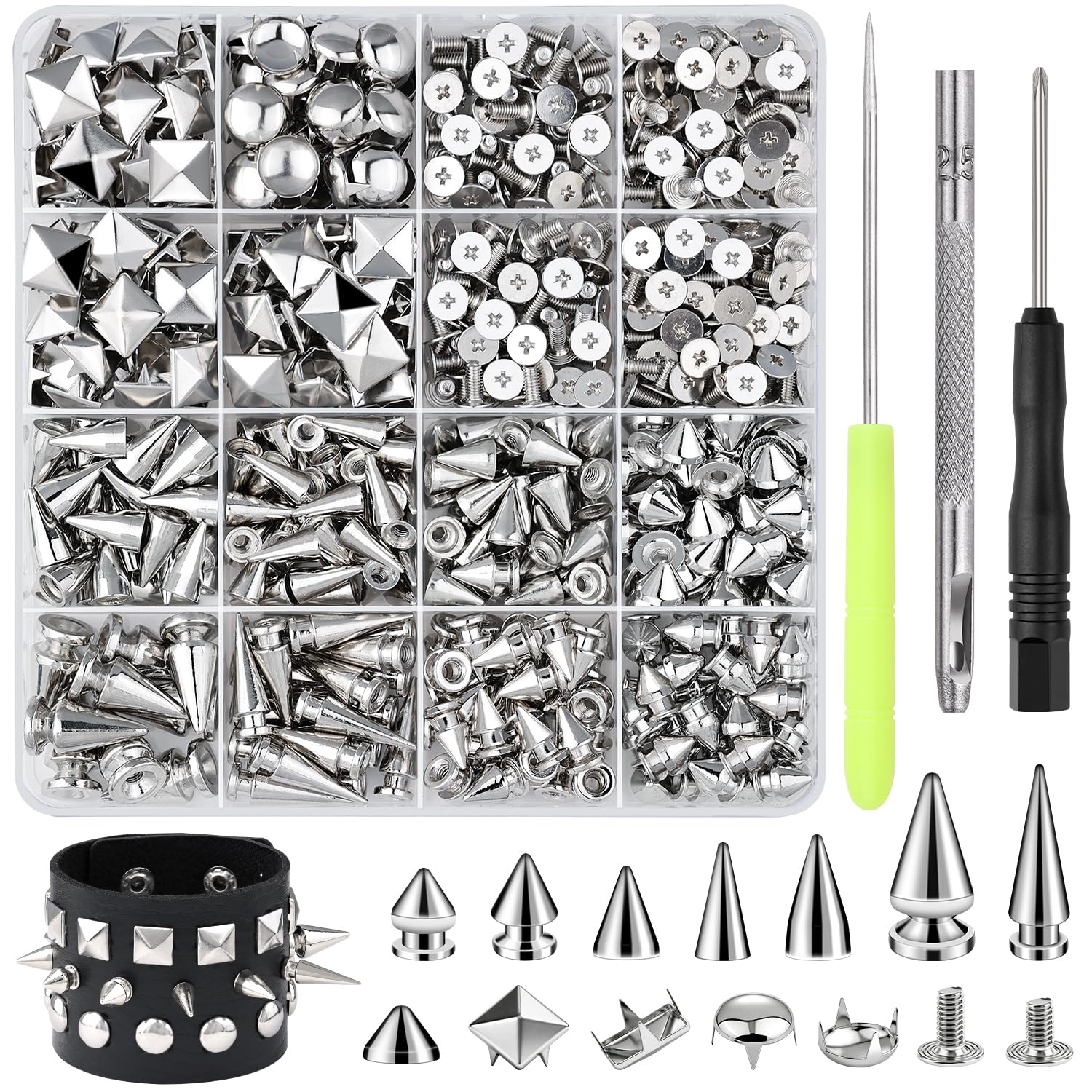 630 Pcs Punk Studs for Clothing, 10 Sizes Cone Spikes for Clothes, Square & Round Dome Pyramid Studs and Spikes, Leather Rivets Metal Spike for Crafts Bags Belts Shoes Caps Necklace Decor with Tools-image-9