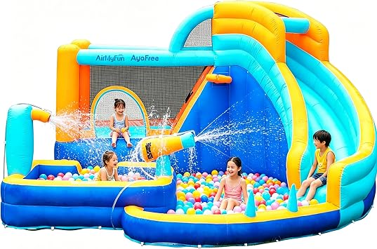 AirMyFun Inflatable Bounce House Water Slide with Curved Slide & Ball Pit Splash Pool - Kids Outdoor/Indoor Water Play Center for Backyard, Birthday Parties - Includes Basketball Hoop & Blower