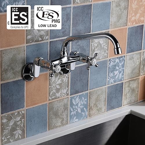 Vista 10 de Sumerain Grifo de pared de cocina 2 mango cruzado níquel cepillado montado en la pared grifo 3 "a 9" ajustable cepillado níquel