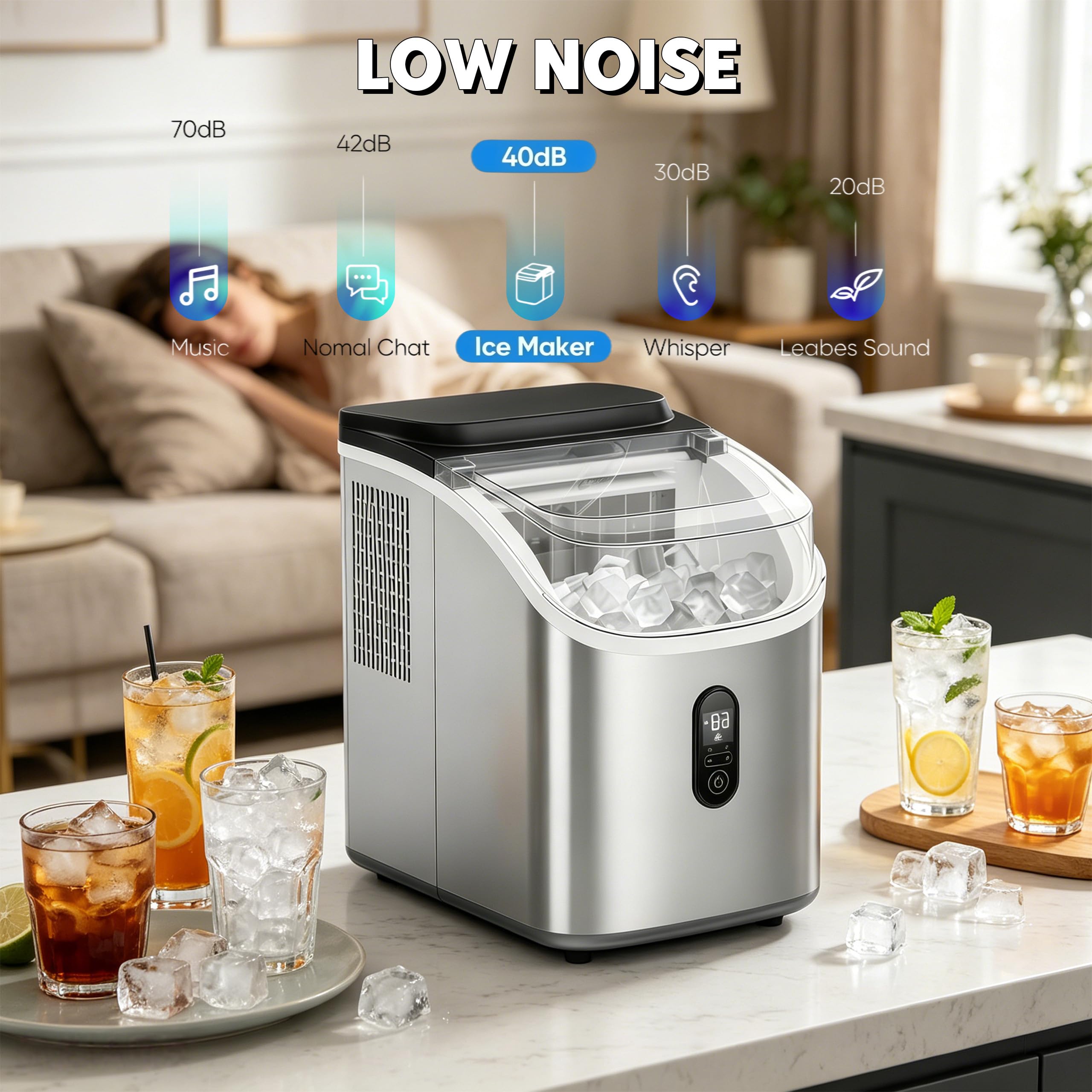 Macchina per cubetti di ghiaccio, autoadescante con display LCD, 20 kg/24 h, autopulente, in acciaio inox, spessore del ghiaccio regolabile 8-15 minuti, per casa, campeggio, ufficio