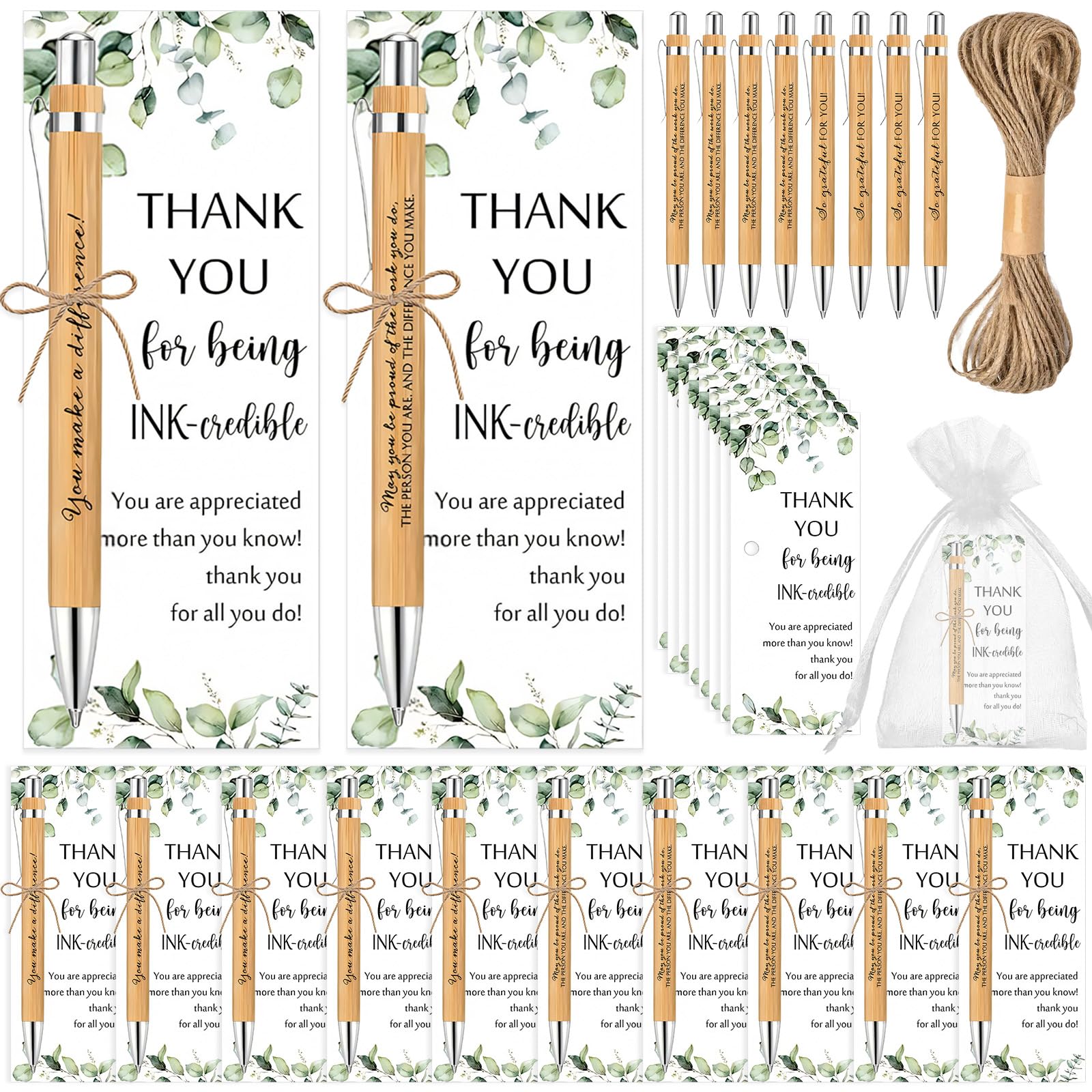 Aurobest 20 Sets Thank you Gifts with Cards & Organza Bag, Bamboo Ballpoint, Inspirational Personalised Pens, Motivational Gift Set for Appreciation Employee, Colleagues, Teacher, Volunteer, Coworker