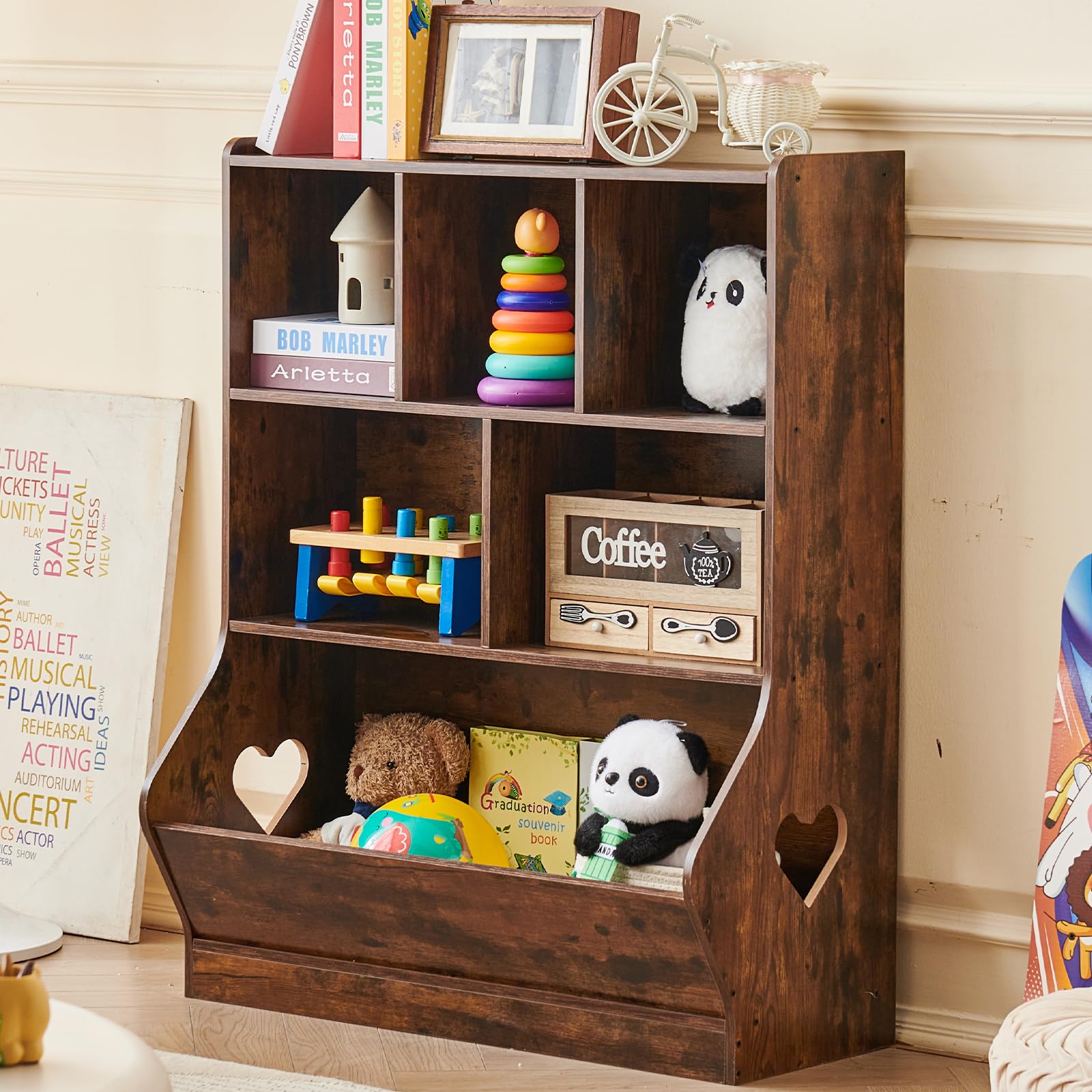 LELELINKY Bücherregal Kinder, Kinder Bücherregal mit 6 Ablagefächer, Großes Kinderregal, Spielzeugregal & Spielzeug-Organizer für Kinderzimmer & Wohnzimmer, Braun, 80 x 24 x 100 cm