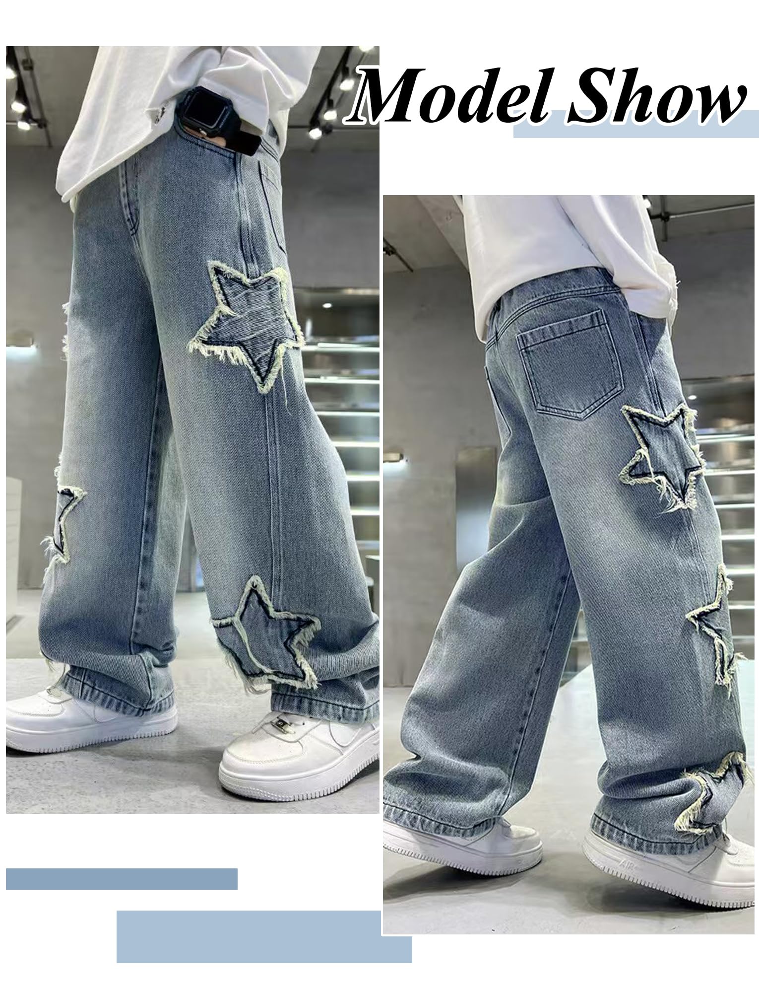Happy Cherry Jungen Baggy Jeanshosen Kinder Elastische Taille Loose Fit Jeans Weite Beine Denimhose mit Taschen