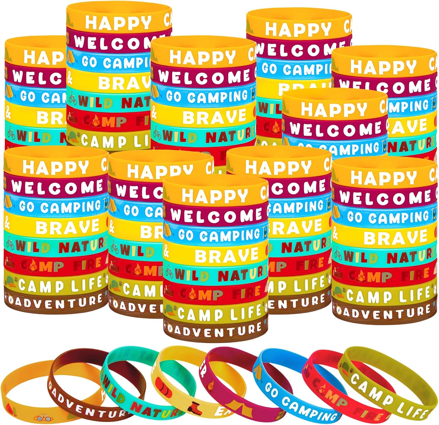 Moon Boat 74PCS Camping Party Accessories Favors for Kids: Summer Camp Wristbands Silicone Bracelets Birthday Themed Decorations Supplies Gifts