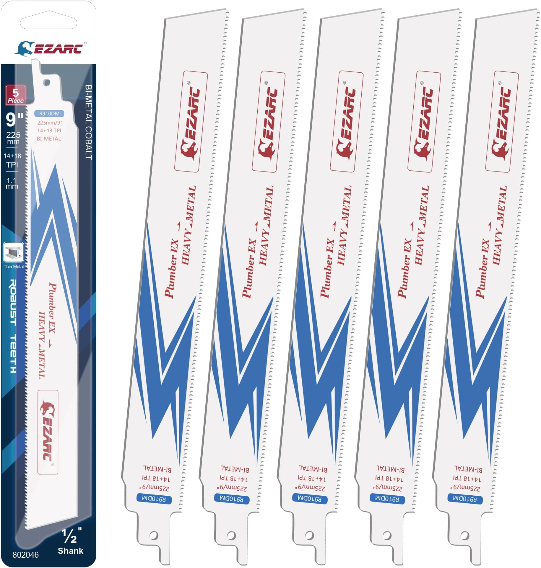 EZARC Reciprocating Saw Blade, 225mm Bi-Metal Sawzall Blades 14+18TPI for Steel Demolition R910DM (5-Pack)