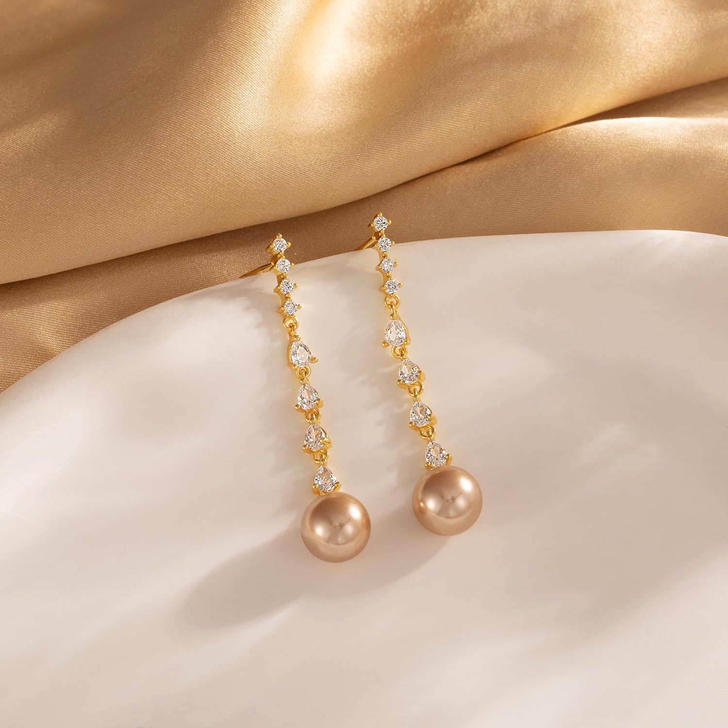 Pearl Earrings for Women, Trendy 14k Gold Pearl Dangle Drop Hoop Huggies Earrings Cubic Zirconia | Irregular | Knot Pearl Studs Hypoallergenic Lightweight Wedding Gold Earrings Jewelry Gift - Image 7
