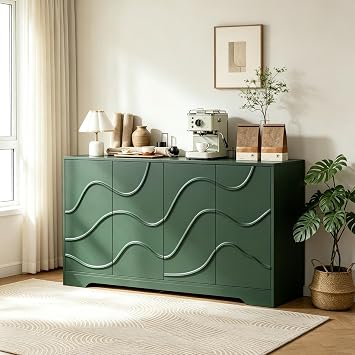 Sideboard Buffet Cabinet with Storage, 56" Modern Coffee Bar Cabinet with Adjustable Shelves, Minimalist Credenza TV Console Display Table for Living Room Kitchen Dining Room Entryway, Green