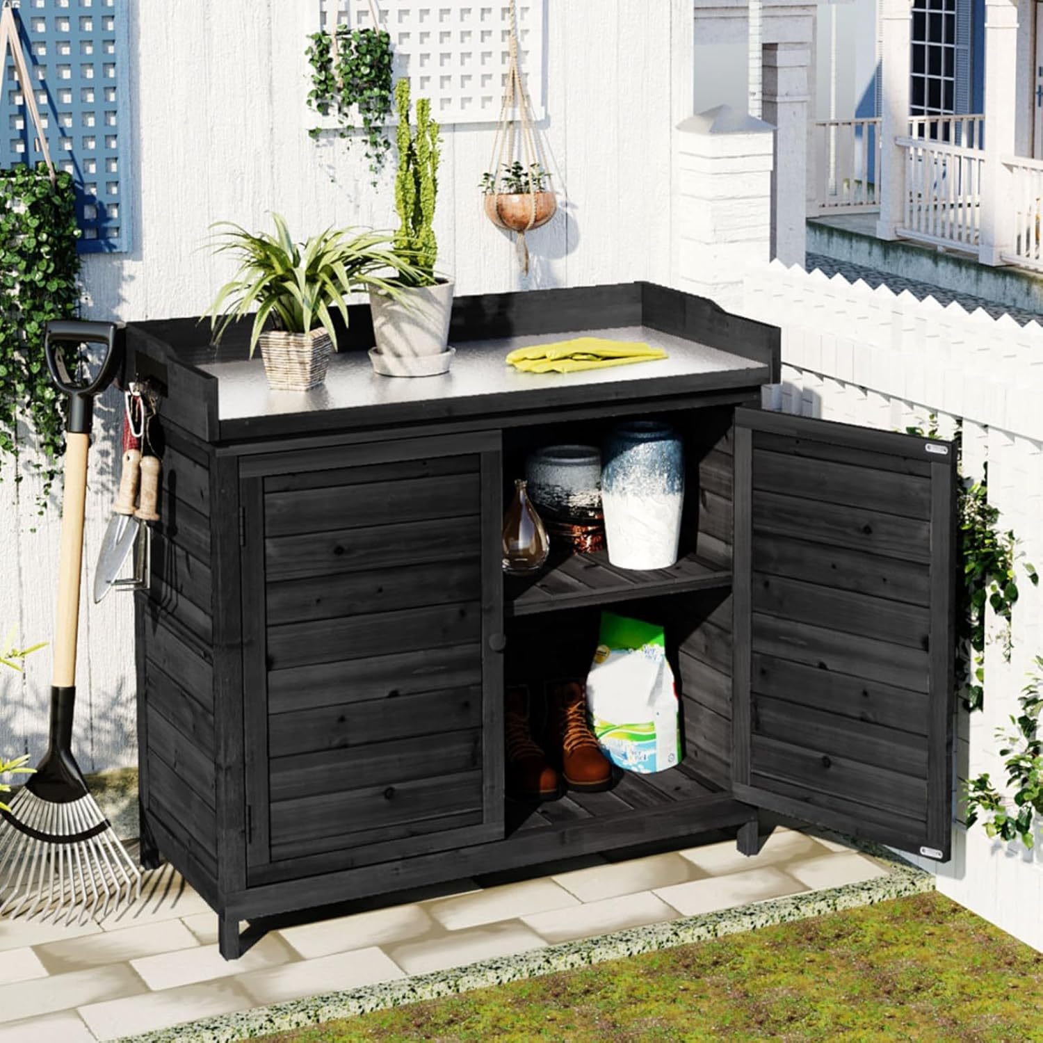 Outdoor 39" Potting Bench Table, Rustic Garden Wood Workstation Storage Cabinet Garden Shed with 2-Tier Shelves and Side Hook (Black)