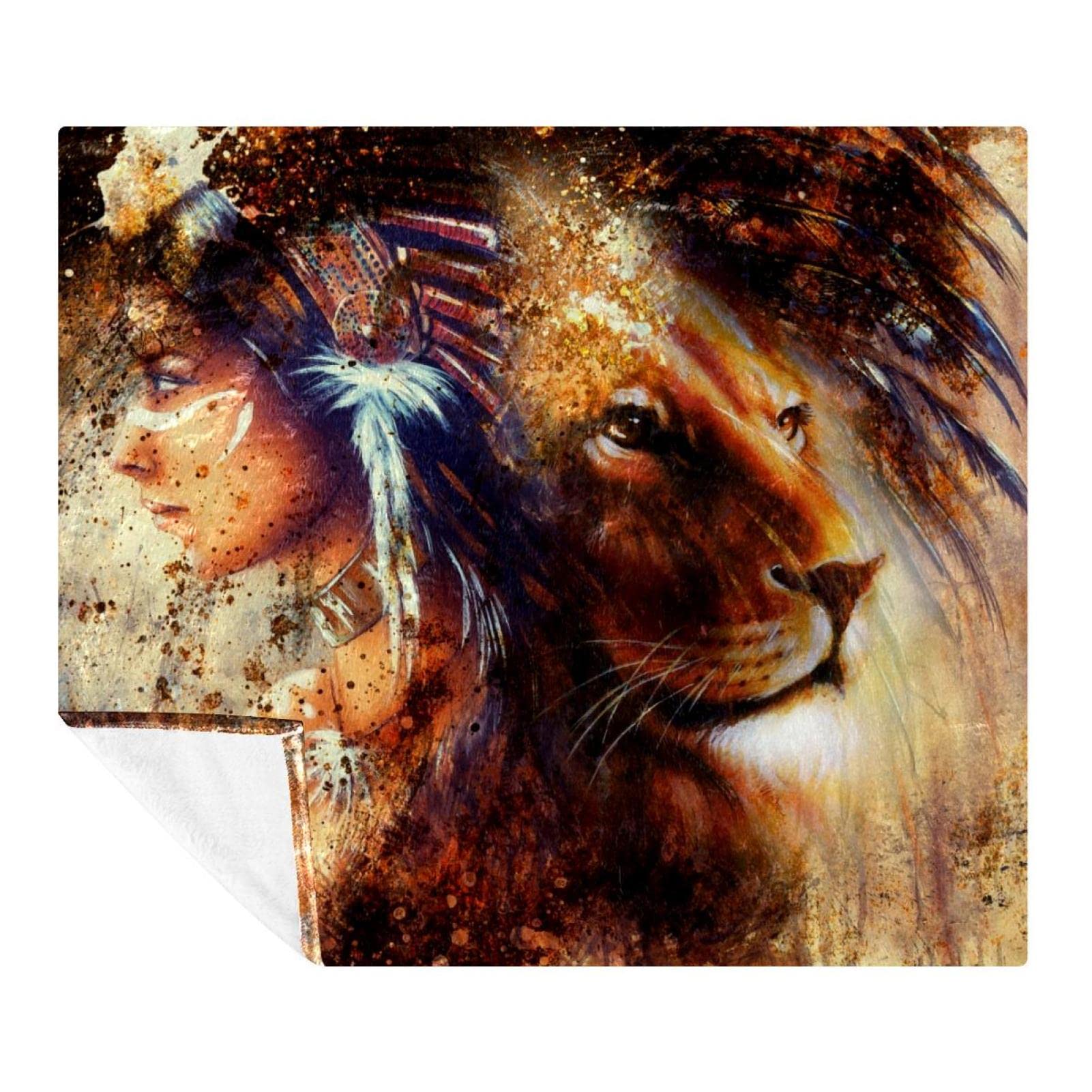 Couverture polaire lion et plumes indiennes en microfibre douce haute densité