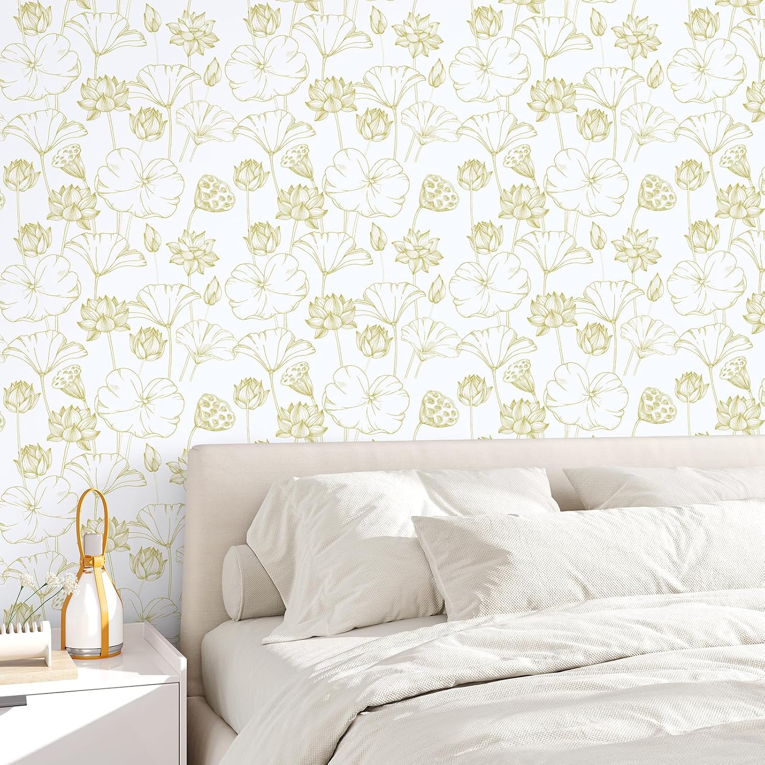 Sketch Lotus Floral Peel and Stick Wallpaper Yellow White Floral Contact Paper 17.7"x160" Removable Vintage Flower Wallpaper Adhesive Nursery Wall Mural White Wall Paper for Bathroom Cabinet