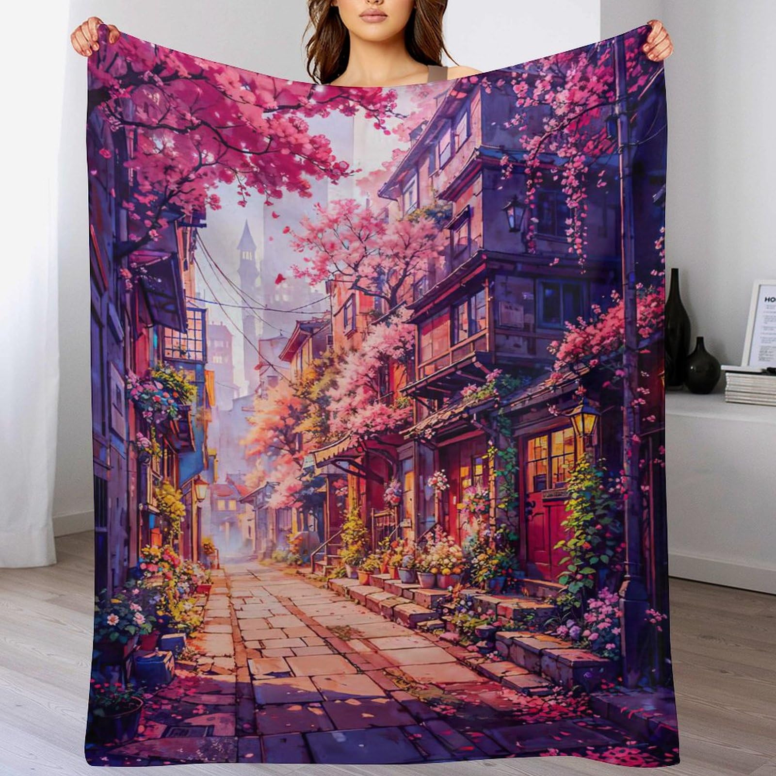 Couverture plaid flannel cerisier japonais 150x200cm pour canapé