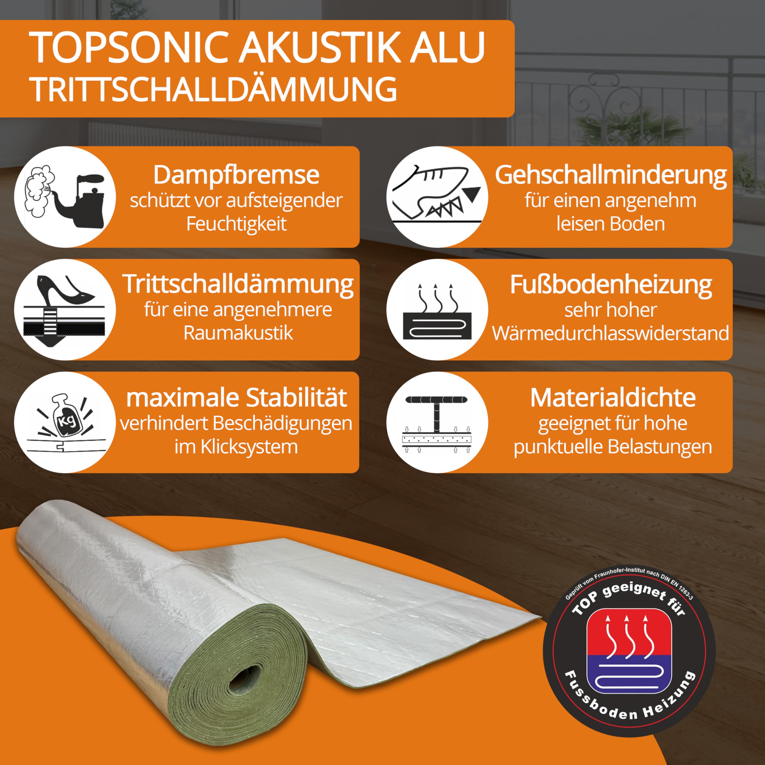 uficell® Akustik Trittschalldämmung topsonic Akustik ALU Gehschalldämmung für Laminat und Parkett mit Alu-Dampfbremse, Raumdichte: 800 kg/m³ (Stärke 3 mm | 50 m²)