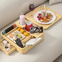 Couch Cup Holder 2-Tier Solid Pine Wooden Trays with Drawer 12.5 * 12.5 in