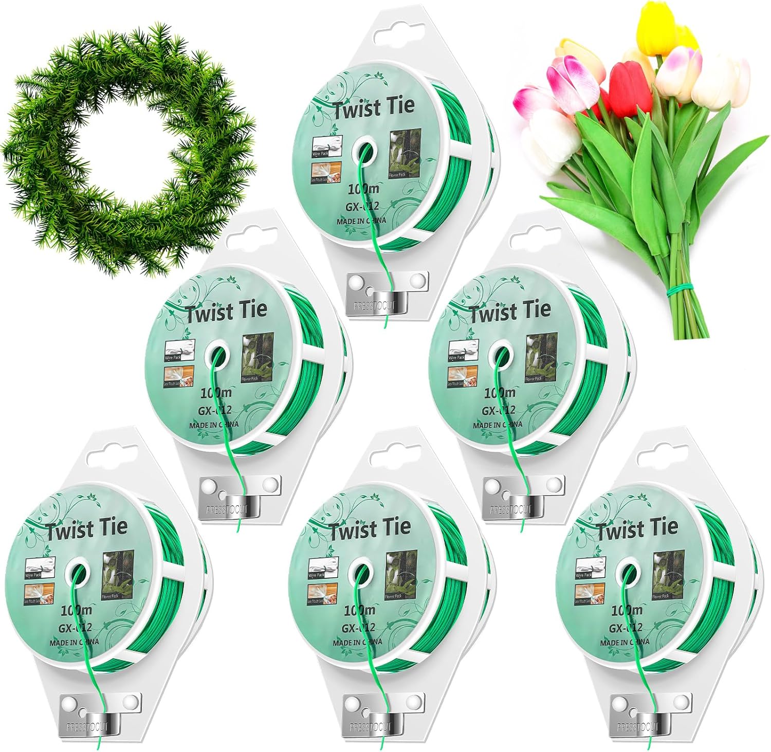 Ferraycle Garden Twist Tie 6 Reels 328 Feet (100m), 1968ft Length Garden Plant Twist Tie with Cutter, Garden Twine Support Ties for Gardening Plants Growth, Office Home Cable Organization