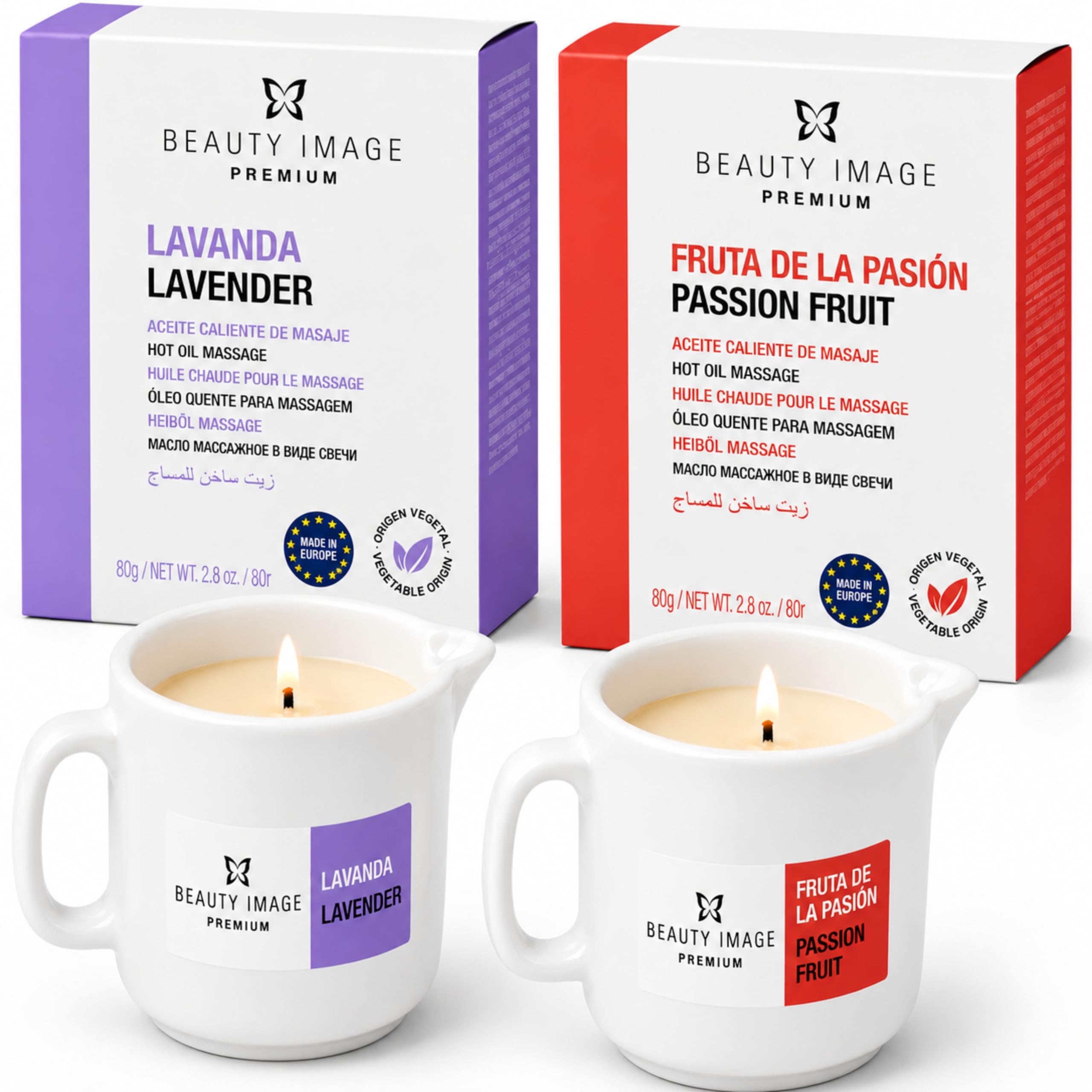 BEAUTY IMAGE Pack de 2 Grandes Bougies de Massage - Fruit de la Passion - Lavande [80 gr de 4 à 5 Massages Corporels par Bougie]. Huile Chaude pour Massage Professionnel. Qualité Fabriqué en Europe.