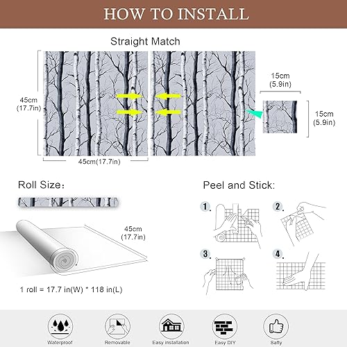 Miniatura 7 de Papel Tapiz Monocromático de Árbol de Abedul  Papel Tapiz Moderno de Bosque Despegar y Pegar, Vinilo Autoadhesivo para Decoración del Hogar