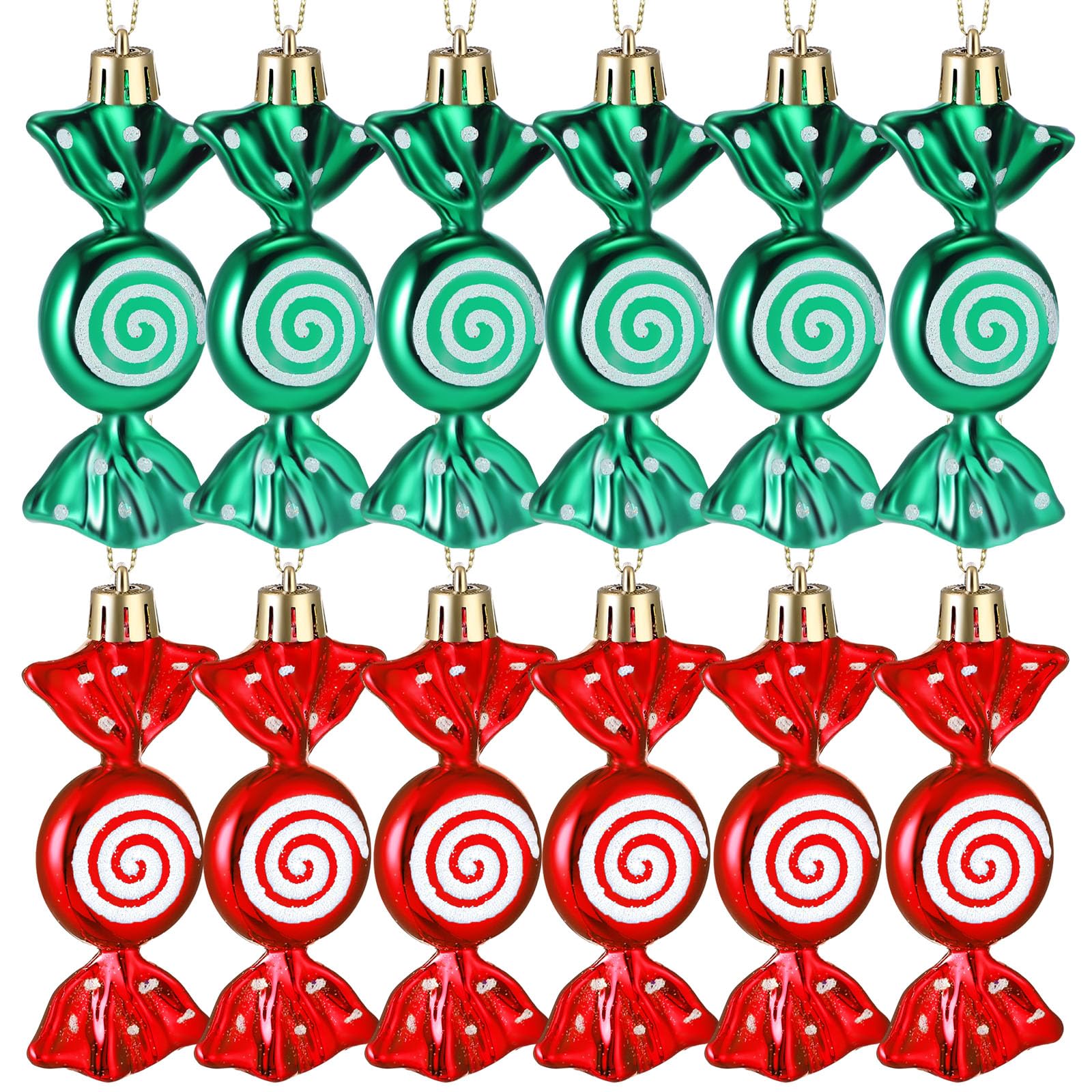 Threan 12 Pcs Christmas Candy Ornaments for Tree Decoration Hanging Glitter Candy Cane Christmas Peppermint Ornament with Golden Rope for Xmas Holiday Decoration(Red
