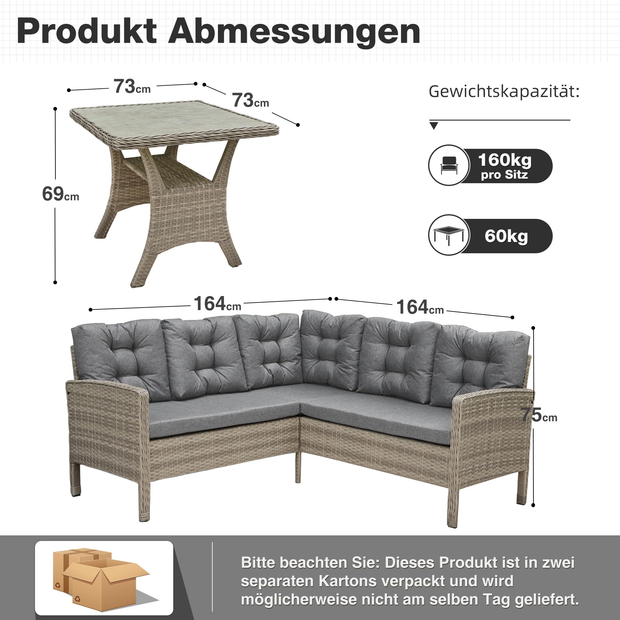 COMLAX FIELD Rattan Gartenmöbel Set, Gartenlounge mit Esstisch, Balkonmöbel Wetterfest, Sitzecke Outdoor, Dining Lounge Set für Garten Balkon, Grau