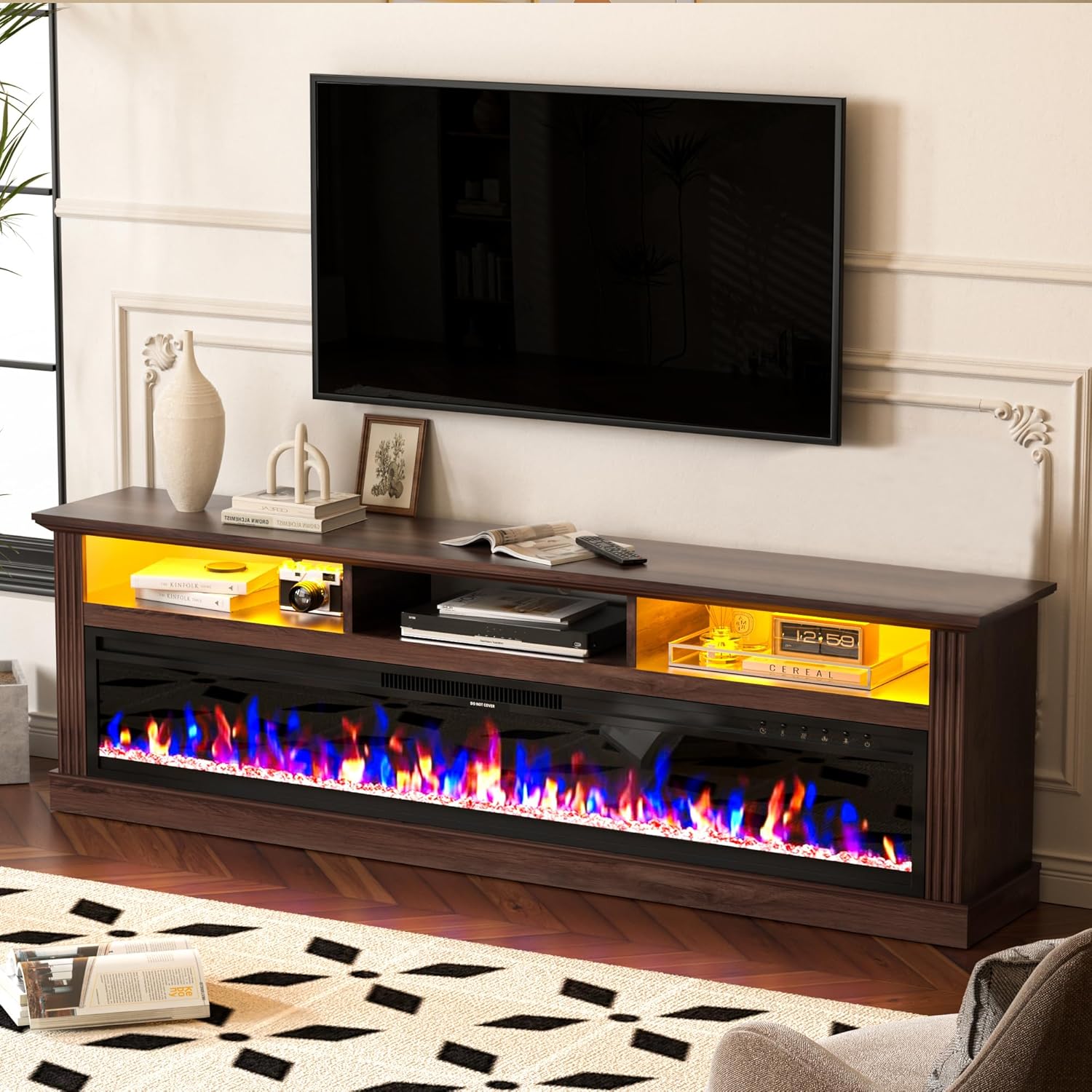 AHB 58" Fireplace TV Stand for TVs Up to 65" with 52" Electric Fireplace,White Entertainment Center with Storage Cabinets,Led Light TV Consoles for Living Room,Farmhouse Media Console Table,Crystals