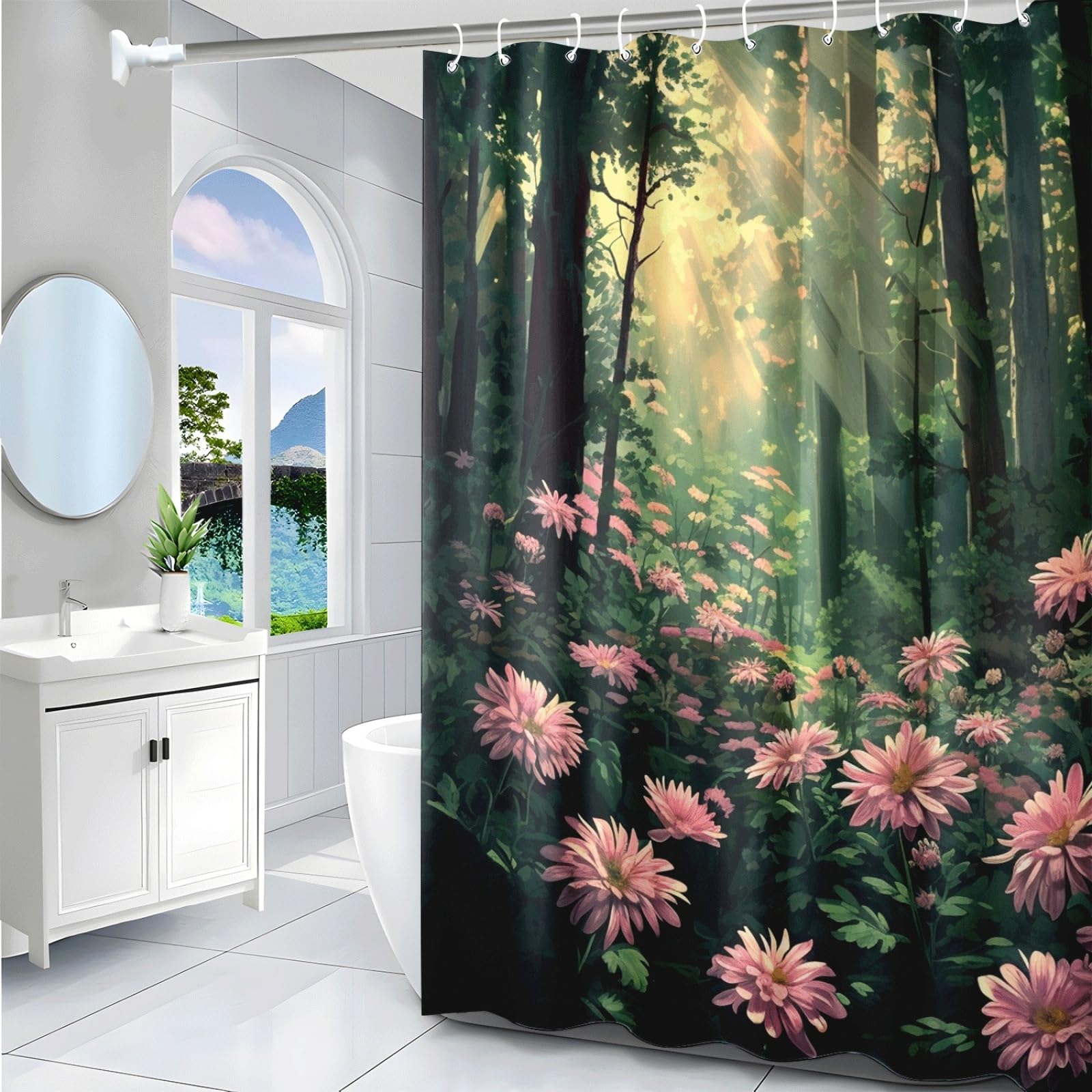 Tenda Doccia Albero Verde Scuro Tenda Doccia Antimuffa Impermeabile Poliestere Lavabile con 12 Ganci Facile da Installare Tende Finestra Bagno per Dormitorio Hotel(180x220cm)
