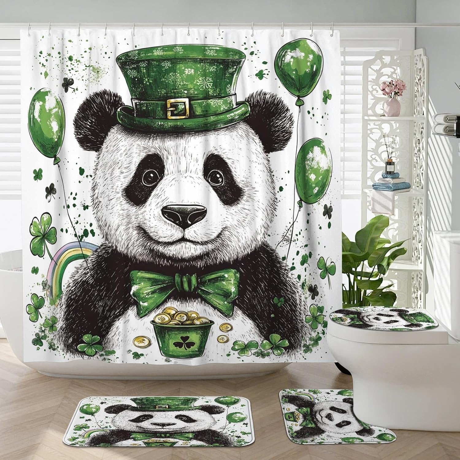 4PCS St.Patrick's Day Panda Bathroom Accessory Sets with Non-Slip Rug, U Shape Toilet Lid Cover Mat, Fun Cartoon Animal Bathroom Decoration 72''x72''