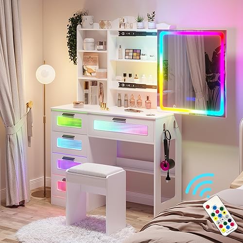 Miniatura 16 de HNEBC - Mesa de tocador RGB con espejo y luces, mesa de maquillaje con espejo LED y estación de carga USB/inalámbrica, juegos de mesa de tocador con