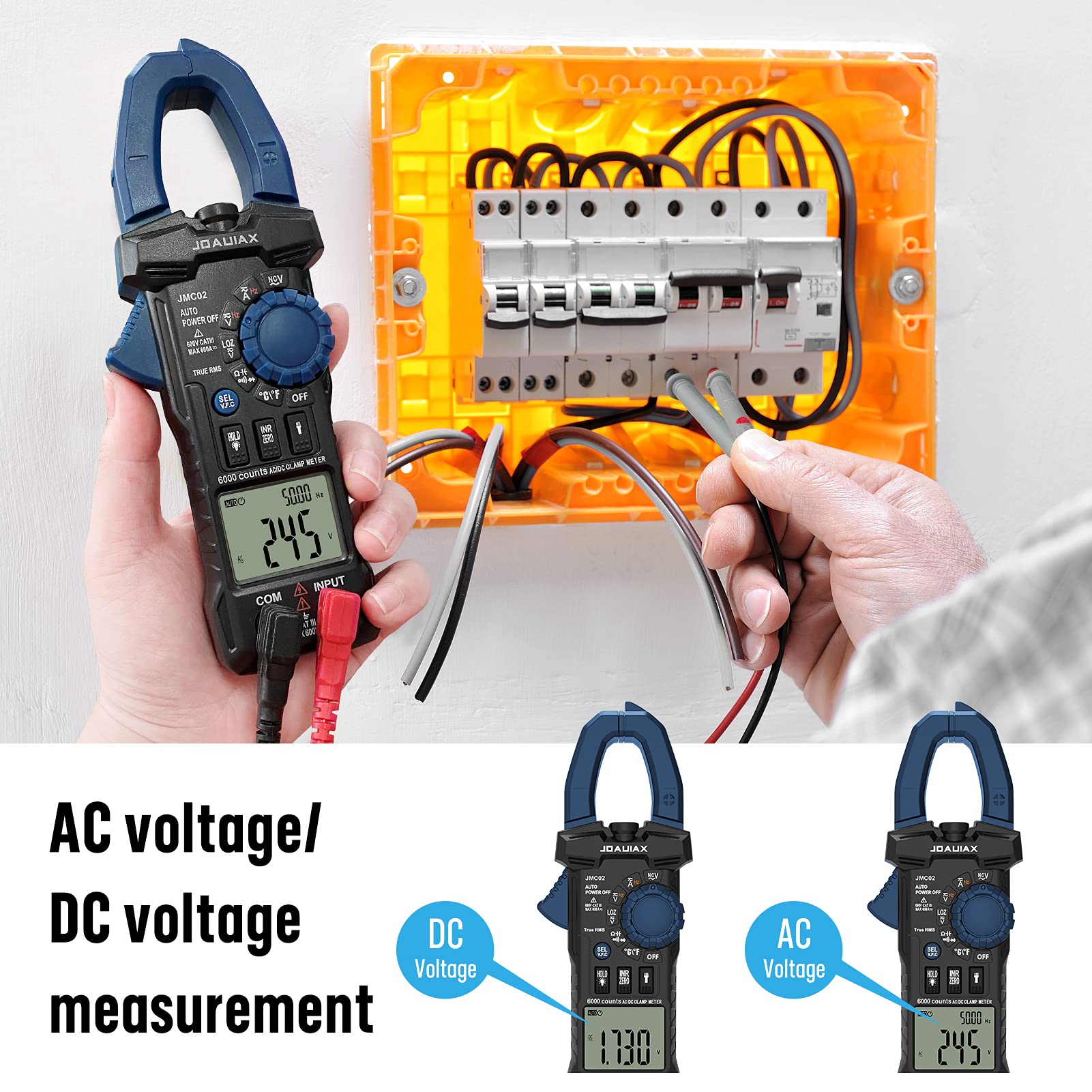 2021 Nueva Pinza Amperimétrica Digital,6000 Cuentas Rango Auto TRMS multímetro 600A AC/DC Corriente,600V AC/DC Voltaje Amperím etro con Lowz/V.F.C/INR/NCV/2 Display/Data Hold-JMC02