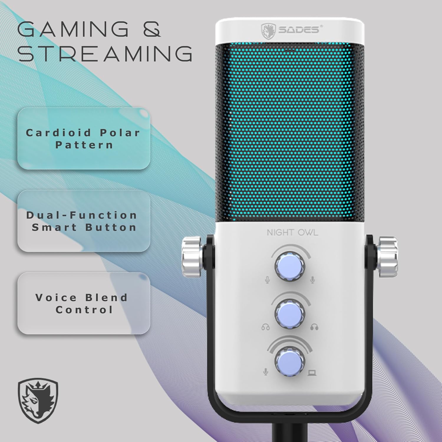 Sades Night Owl USB Gaming Microphone – Cardioid Condenser Mic with RGB Lighting, Gain Control, Plug and Play for PC, Streaming & Podcasting (White)