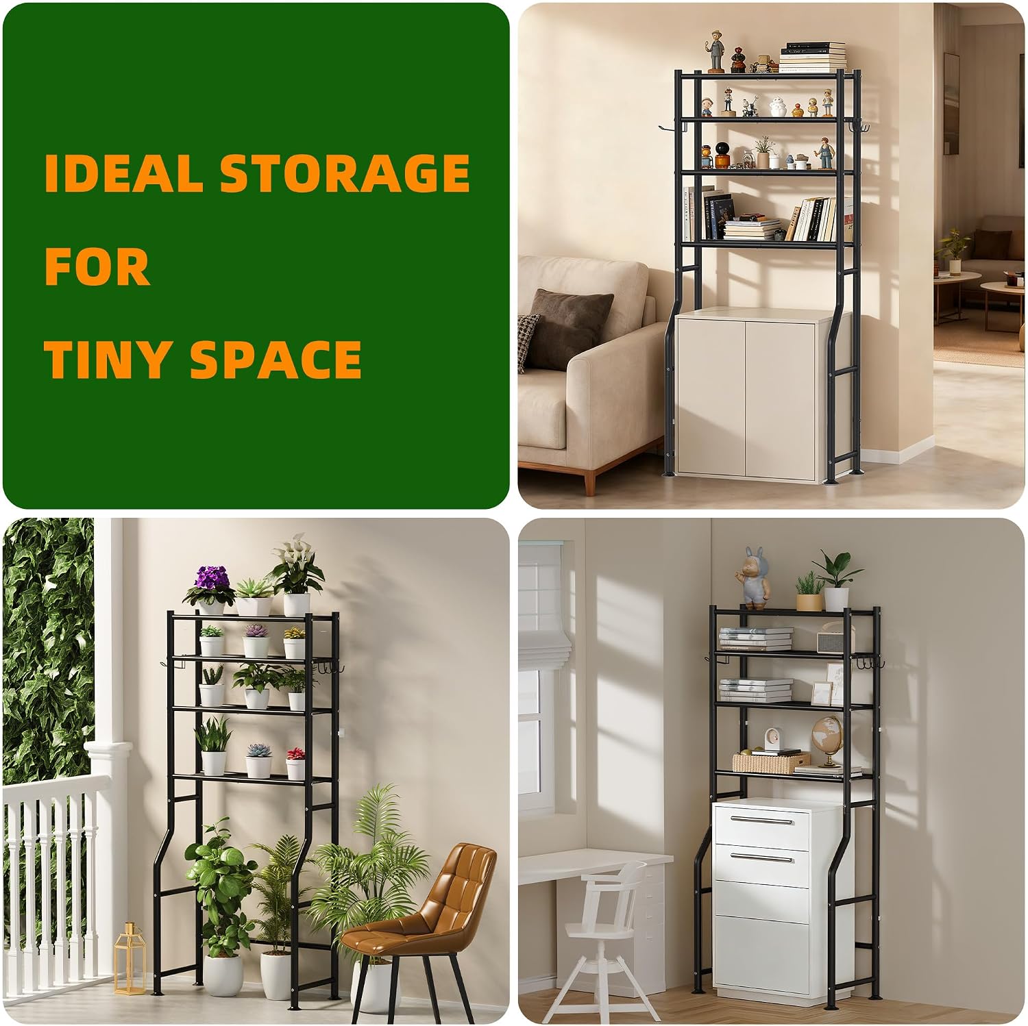 GloTika 4-Tier Over Toilet Storage with Anti-Tilt Safety System - 150lb Total Capacity Metal Bathroom Shelves Including Paper Holder & 4 Hooks, Space Saving Above Commode Organizer (64" H, Black)