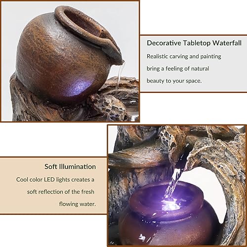 Miniatura 2 de Ferrisland Fuente de agua de mesa para interiores, tronco de árbol con frasco, fuentes rústicas, pequeña fuente de cascada zen de Feng Shui con luz