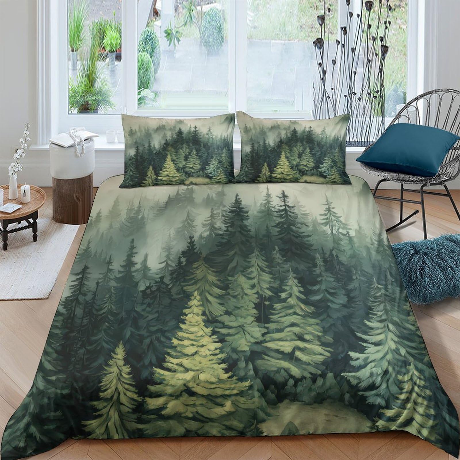 Ctjqhvkz Style-2 3D Printed Forest Pine Fitted Sheet Microfiber Soft Breathable Misty Woodland Mattress Cover Bedroom Decor Single（135X200cm）