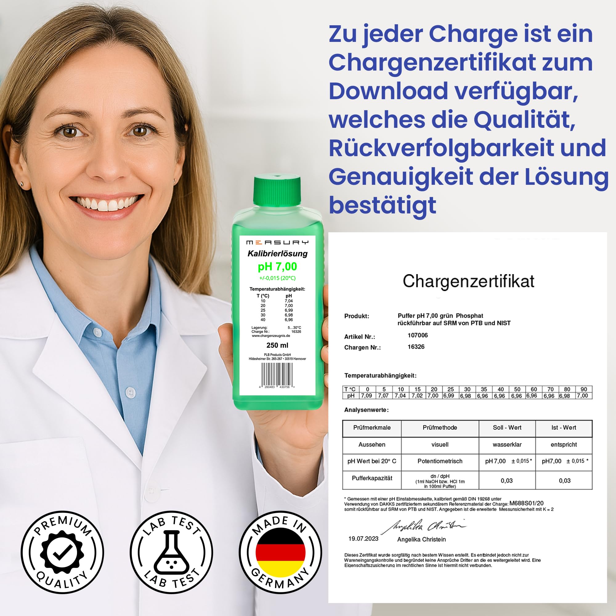 Measury pH Kalibrierlösung 7.00 und 10.00 - hergestellt in Deutschland, pH Pufferlösung je 250ml, Eichlösung Grün/Blau, Kalibrierflüssigkeit Set Eichflüssigkeit
