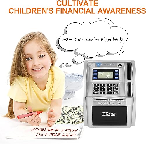 Miniatura 5 de Alcancía parlante mejorada para niños, cajero automático con dinero real con aviso de voz real, depósito, retiro, tarjeta de débito, objetivo de