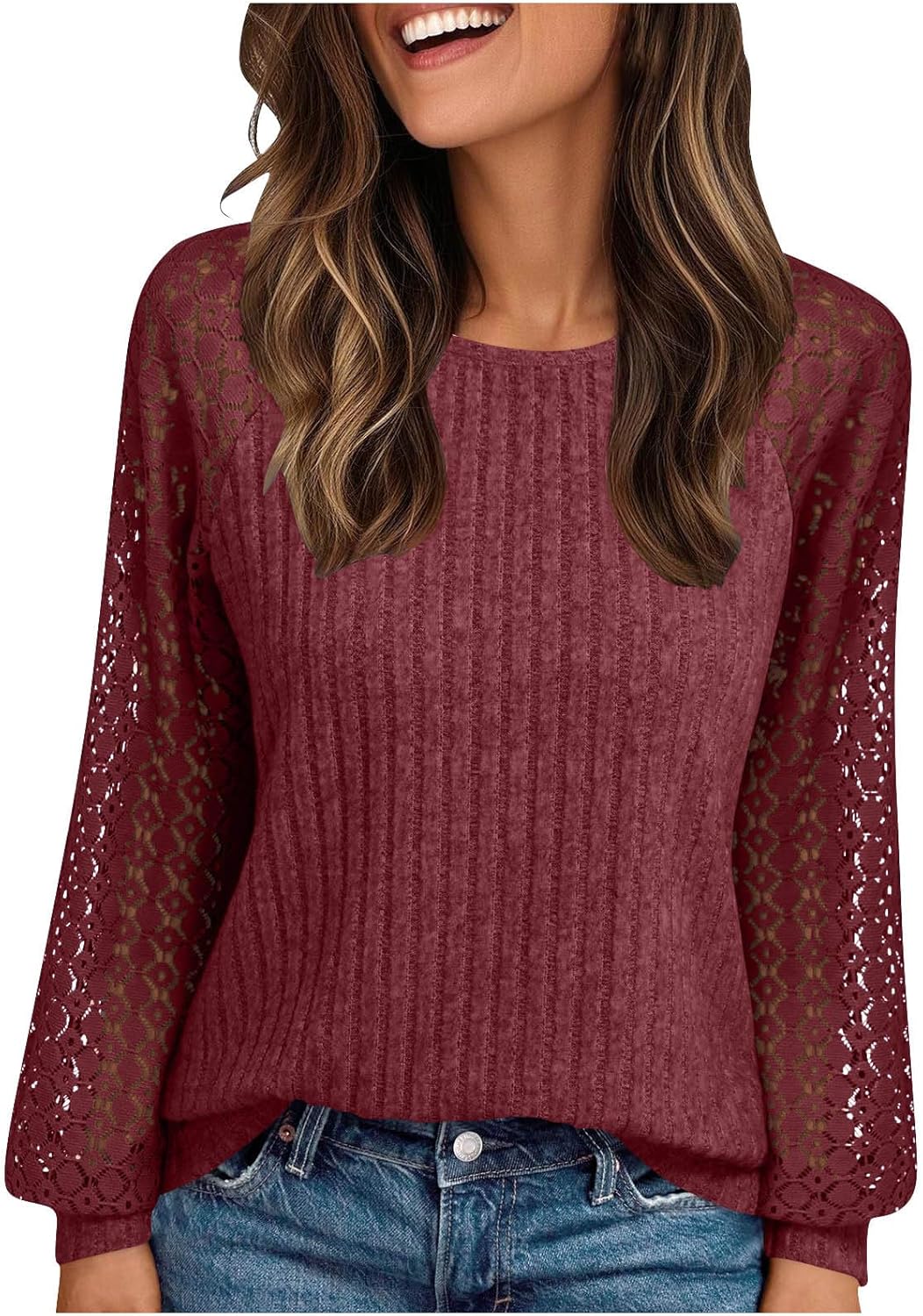 Women Lace Long Sleeve Shirts Fall Fashion Crewneck Tunic Tops Dressy Casual Loose Fit Lightweight Blouse
