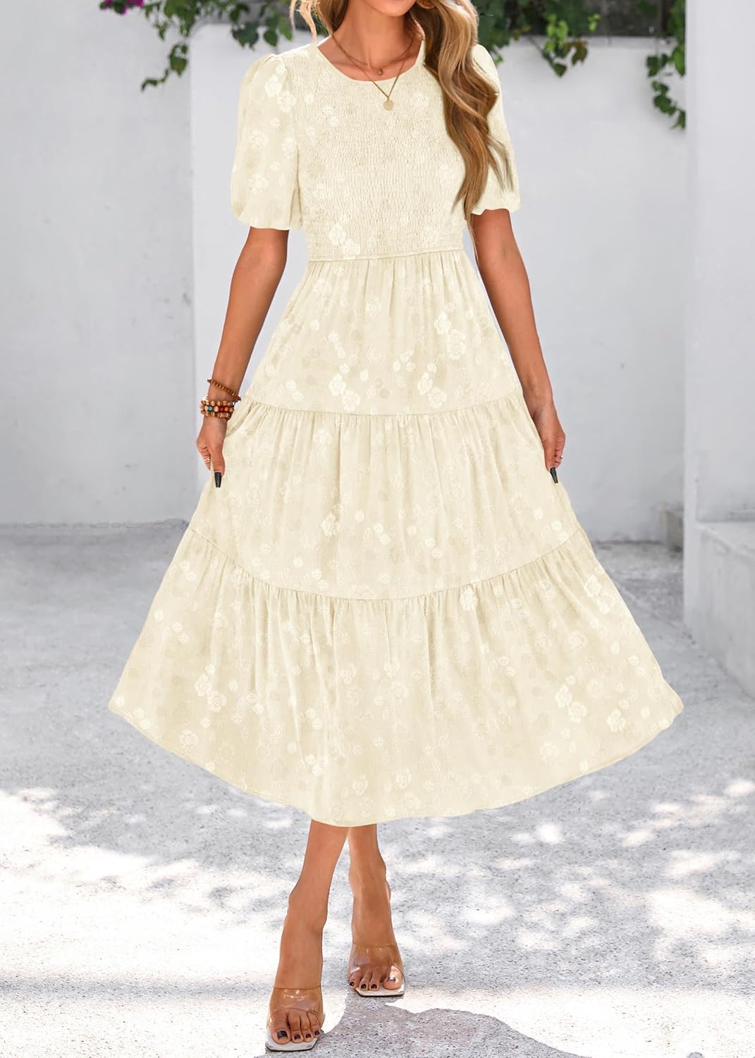 KIRUNDO Womens Summer Dresses Wedding Guest Floral Midi Sundress Short Puff Sleeve Flowy A Line Smocked Tiered Boho Dress - Image 3