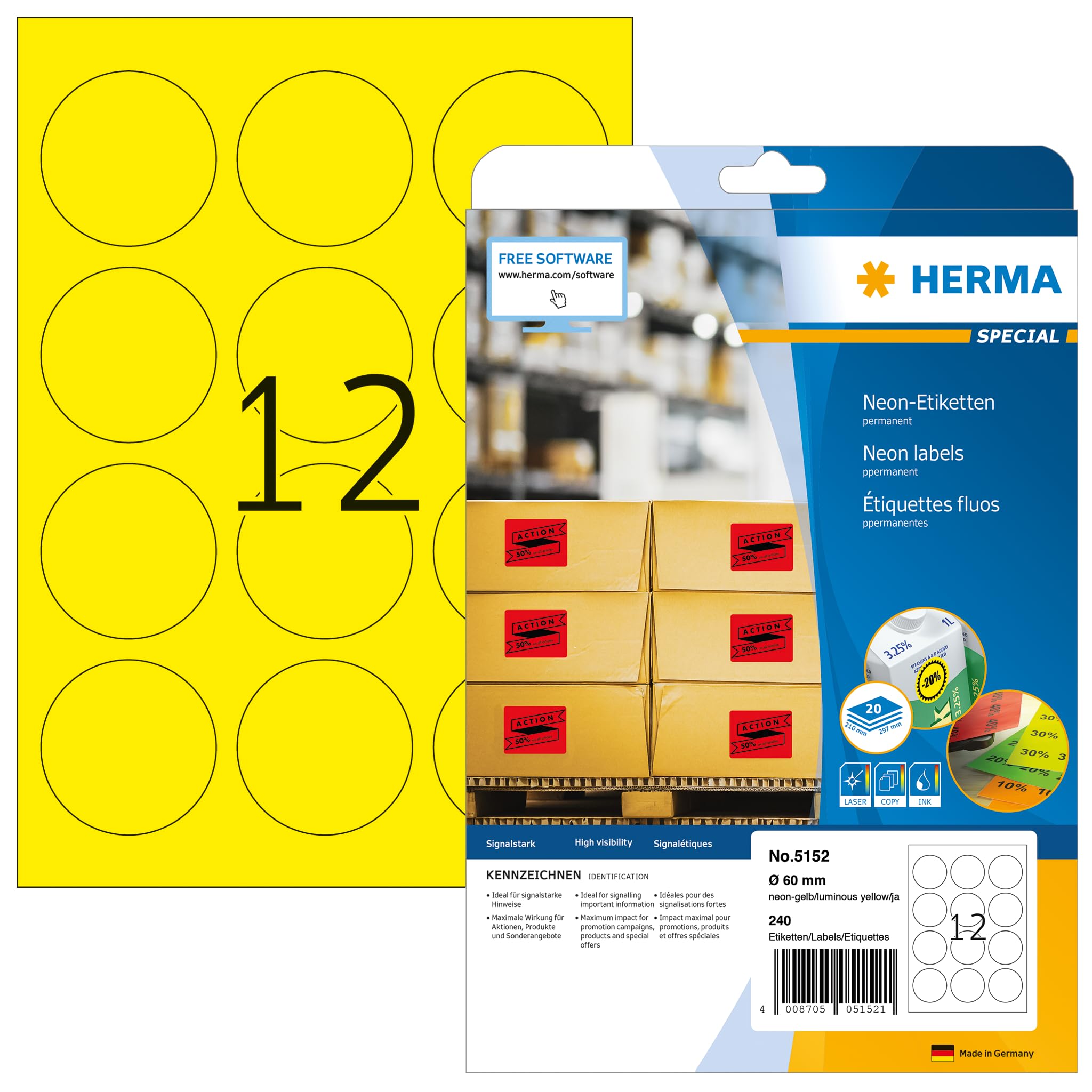 HERMA Self Adhesive Coloured Round Labels, 12 Labels per A4 Sheet, 20 Sheets, Ø 60 mm, 240 Labels, Blank Colour Labels Stickers, Sticky Dots for Laser & Inkjet Printer, Neon Yellow