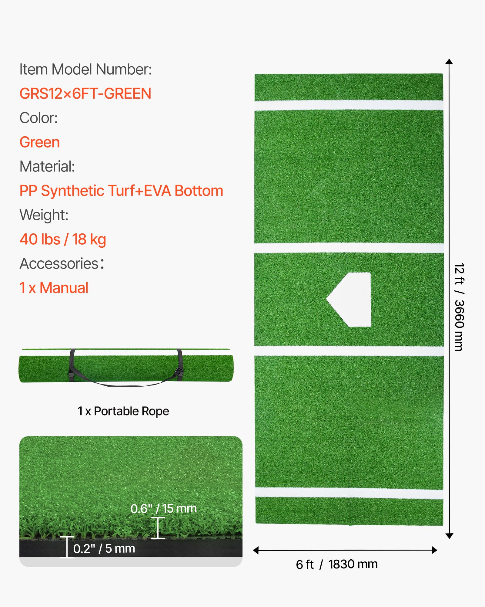 VEVOR Tapis de Frappe de Baseball 366x183 cm, Gazon Synthétique pour Cage de Frappeur Anti-décoloration, Tapis d'Entraînement au Softball avec Marbre, pour Arrière-Cour, Intérieur et Extérieur, Vert