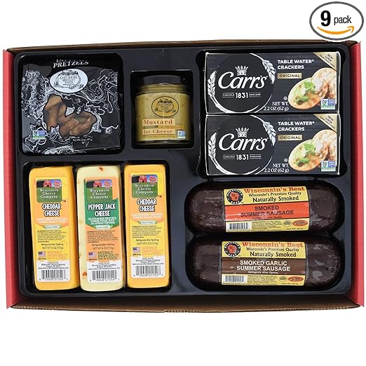 Wisconsin Cheese Company - Grand Cheese & Sausage Gift Box - 100% Wisconsin Cheddar & Pepper Jack Cheese, Sausage, Crackers, Pretzel & Mustard | Perfect for Parties, Charcuterie Boards and Birthday Gifts | Great Birthday Gift