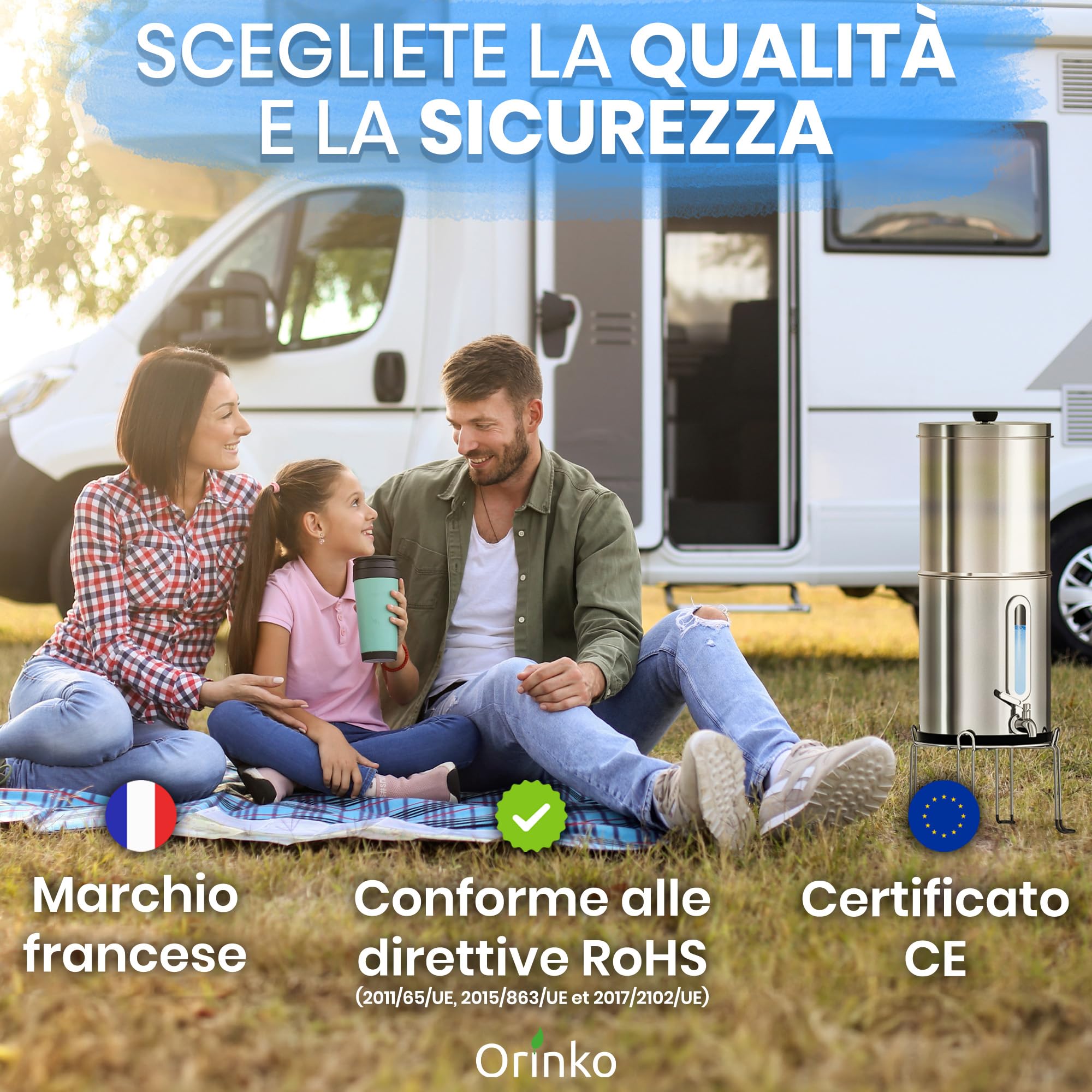 ORINKO® Filtro a Gravità per Acqua 5,6L - Purificazione Senza Elettricità per Casa e Campeggio - Microfiltrazione Metallo Inox con Cartuccia Carbone Attivo - Gusto Migliorato e Sicurezza per Famiglia